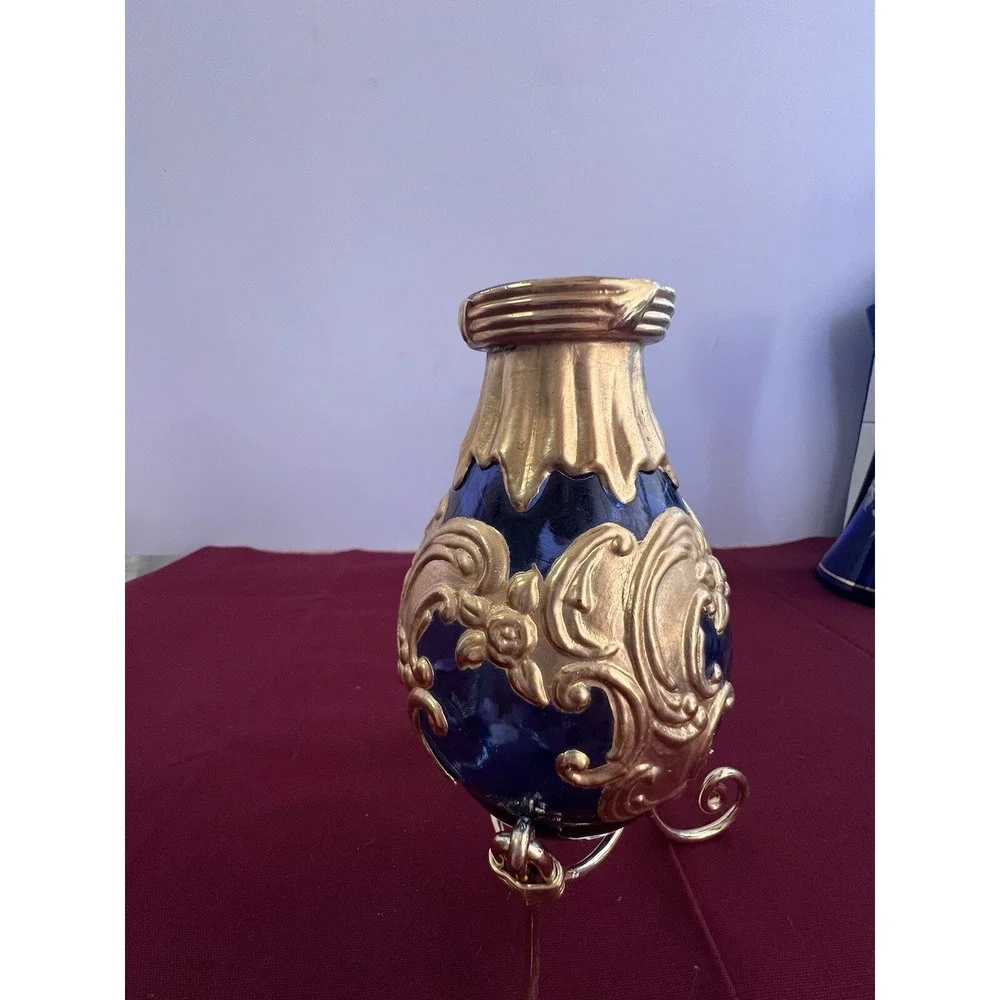 COLBALT BLUE BOHEMIAN EGG VASE ON METAL STAND‎ (1397)